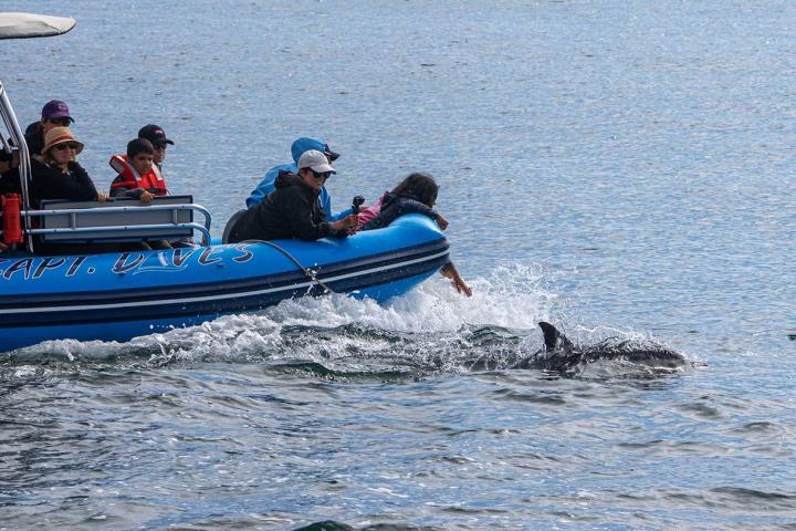 a group of people in a small boat in a body of water